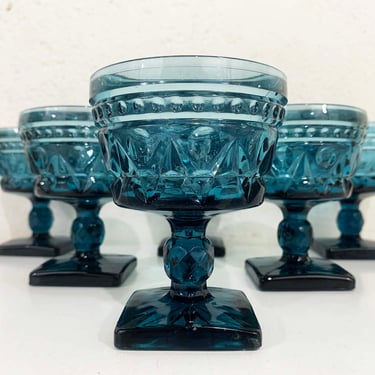 Vintage Park Lane Colony Water Glasses Blue Square Pedestal Base Goblet Set of 6 Faceted Indiana Glass Aqua Turquoise 1960s 