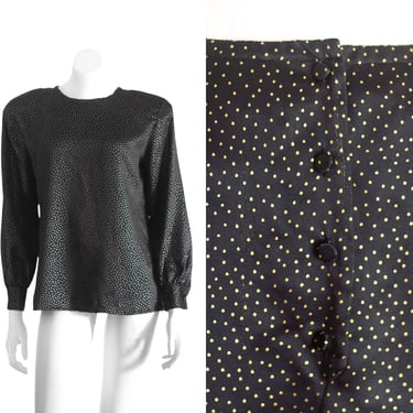 1990s/80s Black Silky Blouse with Gold Polka Dots, Large Shoulder Pads, and Fabric Covered Buttons 