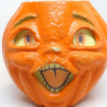 Large 7 1/2 Inch Double Face 1950's Halloween Jack-O-Lantern, Vintage with Pulp Paper Mache, JOL Face on 2 sides 