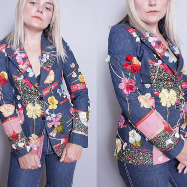 Vintage 1970's | Patchwork | Floral Applique | Denim | Jean | Blazer | Jacket | XS 