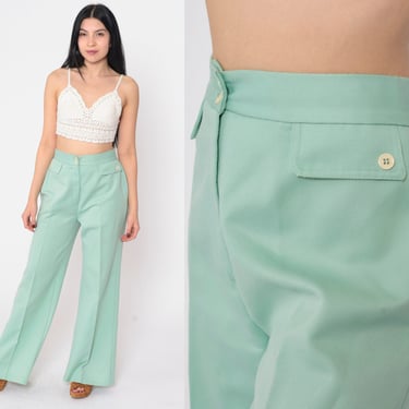Mint Green Bell Bottom Pants 70s Belbottoms Flared Trousers Creased High Waisted Boho Hippie Slacks Retro Seventies Vintage 1970s Small S 27 