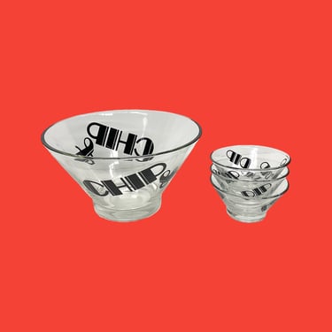 Vintage Chip & Dip Bowl Set Retro 1970s Mid Century Modern + Wheaton Glass + Clear and Black + 4 Pieces + In Box + Serving Snacks + Kitchen 