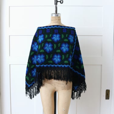 vintage 1970s fringed poncho • blue flowers wool & cotton needlepoint boho cape 