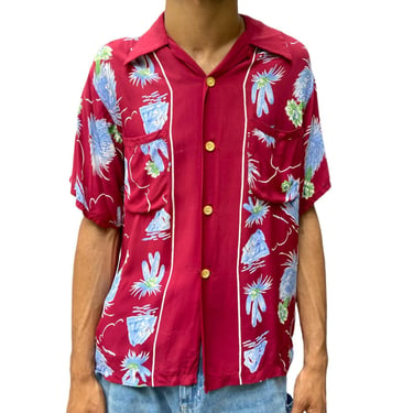 1940S Sandy Mac Donald Burgundy Floral Rayon Hawaiian Shirt 