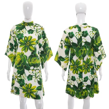 1960's White and Green Floral Print Tiki Dress Size M