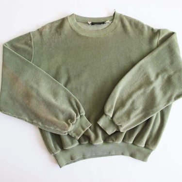 Vintage 60s Abercrombie and Fitch Sage Green Velour Sweatshirt -  Sun Faded Zip Neck Made in Switzerland S M - Cropped Boxy 