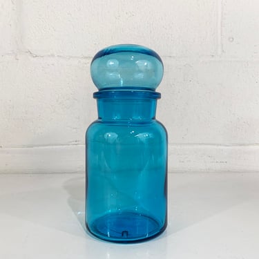 Vintage Blue Glass Apothecary Jar Made in Belgium Stasher Covered Candy Dish Lidded Box Trinket Holder Vanity Storage Bubble Top 1960s 60s 