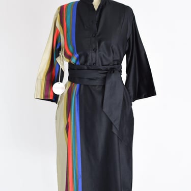 Vintage 1970s Katherine Ogust Cotton Tunic Dress | M-L | 70s Retro Color Block and Black Belted Dress 