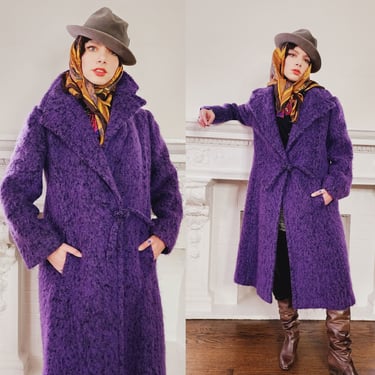 80 Purple Coat by Pauline Trigere Fuzzy Felt Texture - Large 