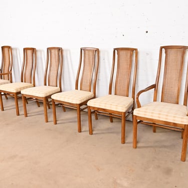 Drexel Heritage Mid-Century Modern Walnut and Cane High Back Dining Chairs, Set of Six