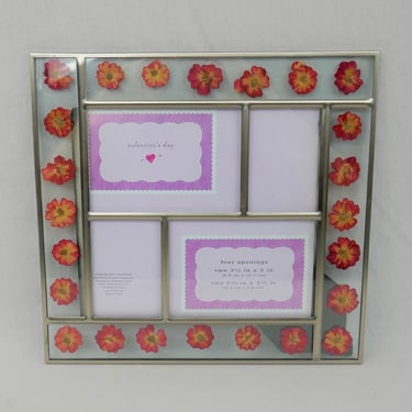 Vintage Glass Picture Frame with Pressed Flowers - Holds two 3 1/2" x 5" and two 2 1/2" x 3 1/2" Photos - Tabletop or Wall 
