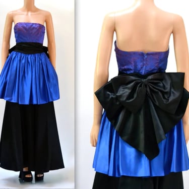 Vintage 80s Prom Dress Size Small Blue and Black// Vintage 80s Party Dress Strapless Evening Gown Pageant Dress Size XS Small by Gunne Sax 