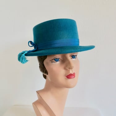 1950's Turquoise Teal Felt Bolero Hat Tassel and Ribbon Trim Spanish Matador Style Glenover 50's Millinery 
