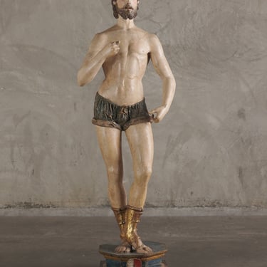 A LIFE SIZE 16th C NORTH ITALIAN GILT AND PAINTED WOOD FIGURE OF SAN ROCCO BY NERO ALBERTI DA SANSEPOLCRO