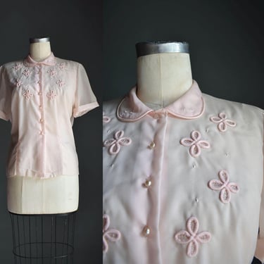 1950s Soft Pink Blouse / Vintage Pink Blouse Small / Cropped Vintage Blouse / Sheer 1950s Blouse 