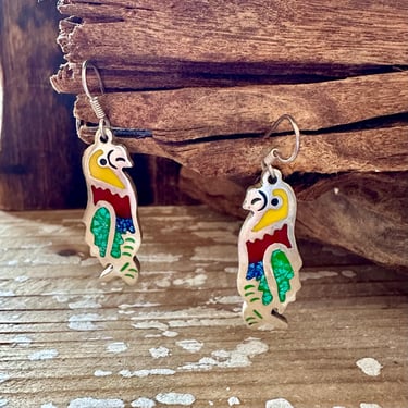MEXICAN PARROTS Vintage Sterling Silver Earrings | Inlay Design | Drop Dangles | Made in Mexico | Taxco TG-255 | Mexican Jewelry 