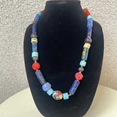 Vintage necklace boho funky African style multicolor clay beads & silver  26” x 1/2” 