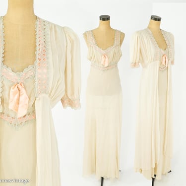 1930s Beige Silk Nightgown Slip & Robe Peignoir Set | 30s Beige Silk Chiffon Peignoir | Small 