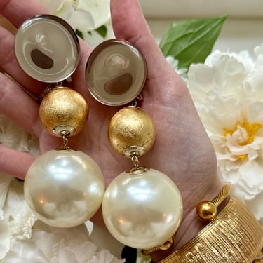 Huge Gold Mirror & Gilt Ball Pearl Drop Clip On Earrings
