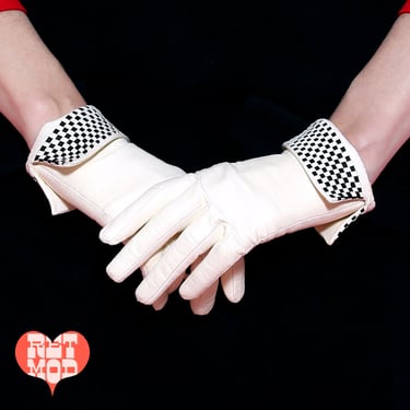MOD DREAM GLOVES - Vintage 60s White Ultra Soft Leather Gloves with Woven Checkerboard Cuffs 