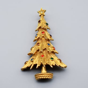 80's Monet gold tone rhinestones Xmas tree brooch, festive abstract Christmas holiday pin 