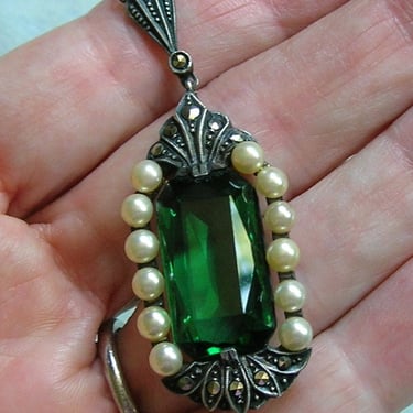 Antique Art Deco Sterling & Marcasite with Green Glass Necklace, Old Sterling Necklace With Green Glass and Pearls (#4429) 