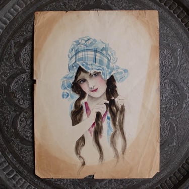 Antique Original American Watercolor Painting Girl Braiding Hair Artist Signed Diamond - Early 1900s 