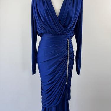 1980s Susan Roselli Royal Blue Ruched Dress 