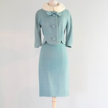 Iconic Late 1950's Lilli Ann Power Blue Suit With Mink Collar and Matching Hat / Medium