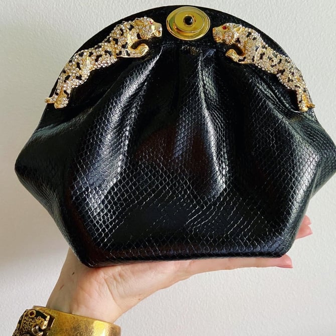 1980s Designer Black &amp; Gold Leaping Panther Purse