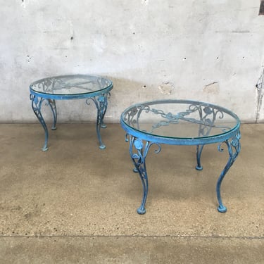 Pair of Blue Vintage Woodard Wrought Iron / Glass Tables