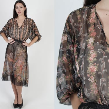 Romantic Toile Printed Floral Mini Dress, Sexy Sheer Black Chiffon Party Outfit, Vintage Loose Draped Batwing Mini Dress 