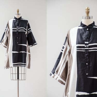 Catherine Ogust dress | 70s designer vintage black white brown geometric abstract pattern polished cotton oversized tunic dress 