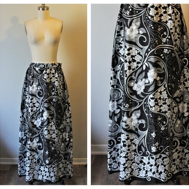 Vintage 1960s 70s Black Vintage Alex Coleman California Paisley Print Maxi Skirt Women's vtg Skirt // Waist 29 30 inches // US 8 10  M L 