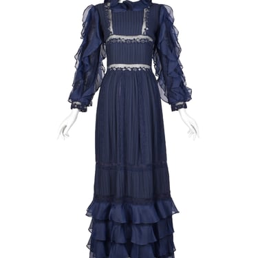 Salina De Costa Vintage 1960s Navy Blue Lace Pintucked Ruffle Gown