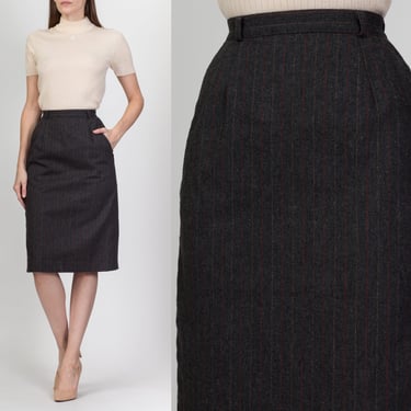 70s Striped Wool Pencil Skirt - Extra Small, 23"-24"| Vintage High Waist Knee Length Pocket Skirt 