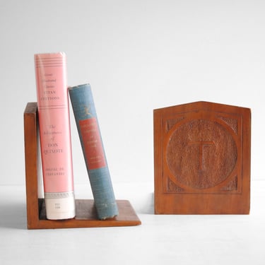 Vintage Wood Bookends Hand Carved with the Letter T 