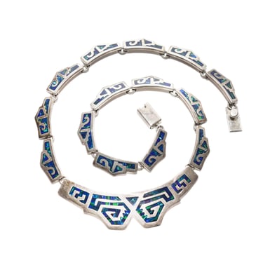 Modernist TAXCO Sterling Silver Inlay Collar Necklace, Blue & Green Mosaic Tribal Design, 17.5