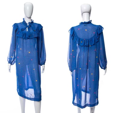 1980's Chez Blue and Multicolor Polka Dot Long Sleeve Chiffon Dress Size XXL