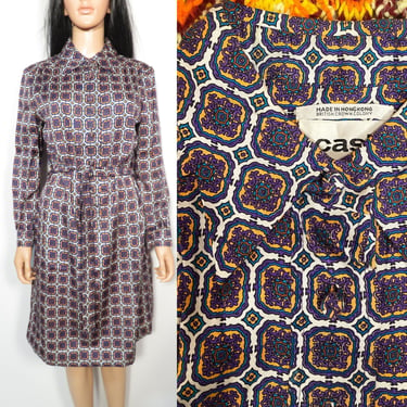 Vintage 70s/80s Silk Psychedelic Medallion Print Shirt Dress With Knot Buttons Size M 