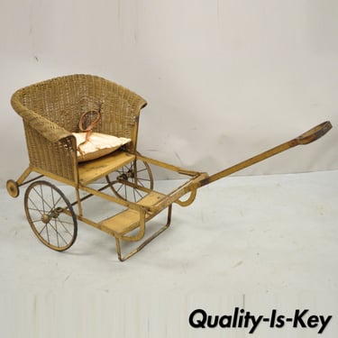Antique Victorian Wicker &amp; Metal Baby Carriage Pull Behind Stroller Dog Carrier