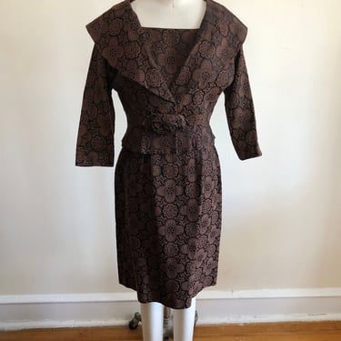 Black and Brown Floral Jacquard Matching Dress and Jacket - 1960s 
