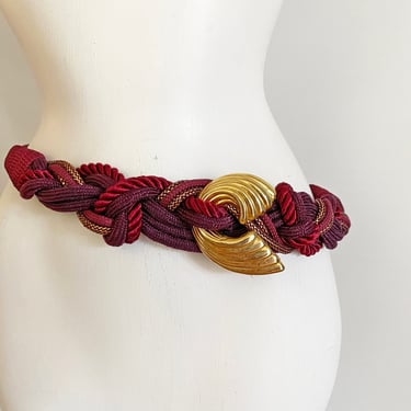 Vintage 80s Braided Cord Belt • Burgundy Maroon with Gold Tone Brass • Stretch Elastic Loop & Hook • Stylish 1980s Party Accessory • Small 