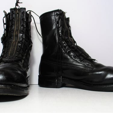 Vintage 1980s Addison Shoe Company Combat Boots, 8D Men, Black Leather Jump Boots, Combat Ankle Boots, Zip Up, Steel Toe 