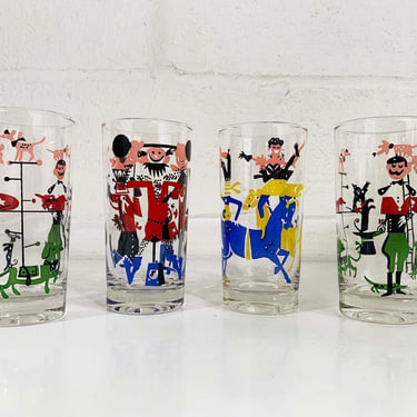 Vintage Circus Glasses MCM Mid-Century Barware Glass Drinkware Party Mad Men Set of 4 Cocktail 1960s 60s Libbey 