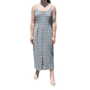Vintage 1990s Womens Black White Plaid Checkered A Line Modern Maxi Dress Sz L 