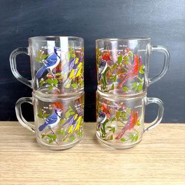 Set of 4 Vintage 1970s Arcoroc Songbirds Glass Mugs — Blue Jay, Oriole, Woodpecker & Cardinal 