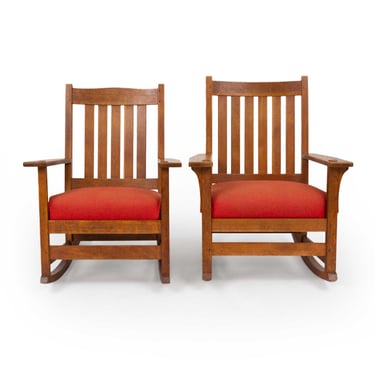 L & J.G. Stickley Antique Mission Oak Arts and Crafts Rocking Chairs Pair, 1900 