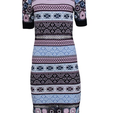 Parker - Blue, Lilac & Plum Knit Dress w/ Crochet Flowers & Motif Pattern Sz L