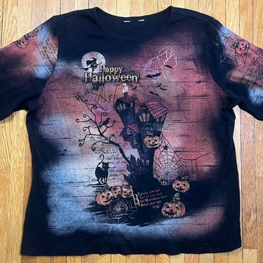 L 2000s Halloween Graphic Long Sleeve Tee T-Shirt with Rhinestone Gems Haunted House Scene Witch Black Cat  Size Large Y2K Whimsy Goth Girl 